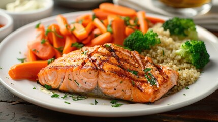 plate of grilled salmon served with quinoa and steamed vegetables, showcasing a balanced and wholesome meal.