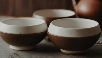 a set of three white and brown glaze handmade ceramic bowls