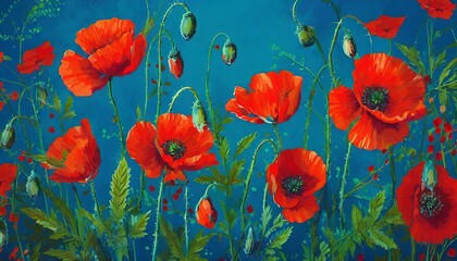 vibrant painting of red poppies with green leaves and berries on a vivid blue background