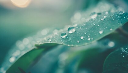 closeup drops of dew in morning glow sunshine beautiful green leaf nature background texture soft...