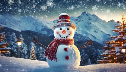 merry christmas and happy new year greeting card happy snowman standing in winter christmas landscape snow background