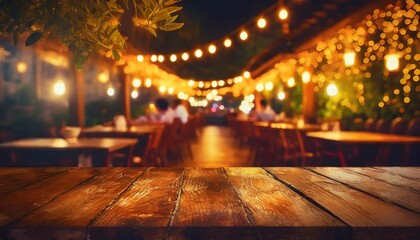 empty brown wooden table and blur background of abstract of resturant lights people enjoy eating...