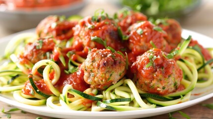 plate of zucchini noodles with marinara sauce and lean turkey meatballs, showcasing a low-carb and protein-rich meal.