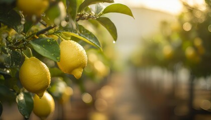 lemon tree with ripe fresh yellow lemons and dew drops on blurred citrus fruit farm agriculture...
