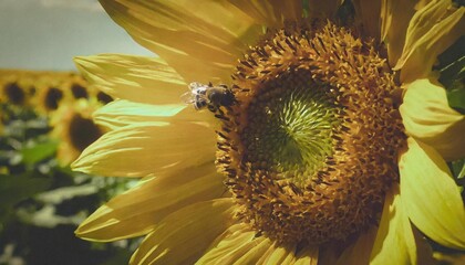 close up of a bee collecting honey from a blooming yellow sunflower preparation of natural honey sunflower and bee as a symbol of summer health ai generated illustration - obrazy, fototapety, plakaty