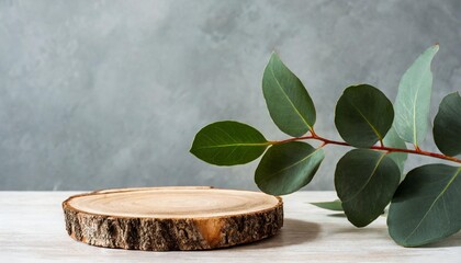empty wooden podium and eucalyptus branch on grey background natural cosmetic advertising showcase of cylinder shape and green leaves for eco product presentation front view