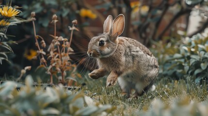 Fototapeta premium rabbit hopping playfully in an outdoor enclosure, reveling in the freedom to explore.