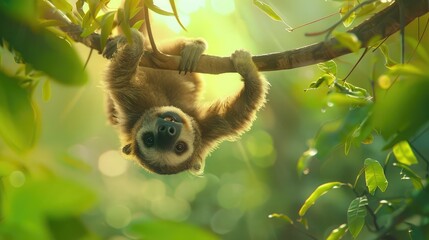 Fototapeta premium relaxed sloth hanging upside down from a tree branch, enjoying a leisurely lifestyle.
