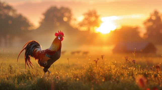 proud rooster crowing at sunrise in a rural farmyard, symbolizing the timeless connection between animals and agriculture.