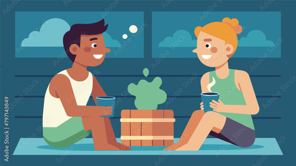 Aufkleber two friends chat and catch up while enjoying the heat of the sauna using it as a social activity in 