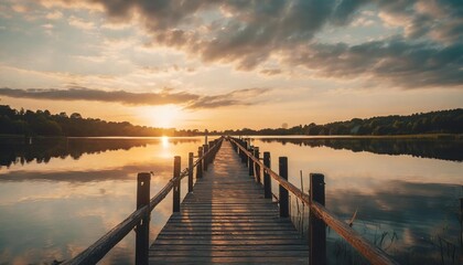 dramatic sunset over the calm lake with straight wooden bridge