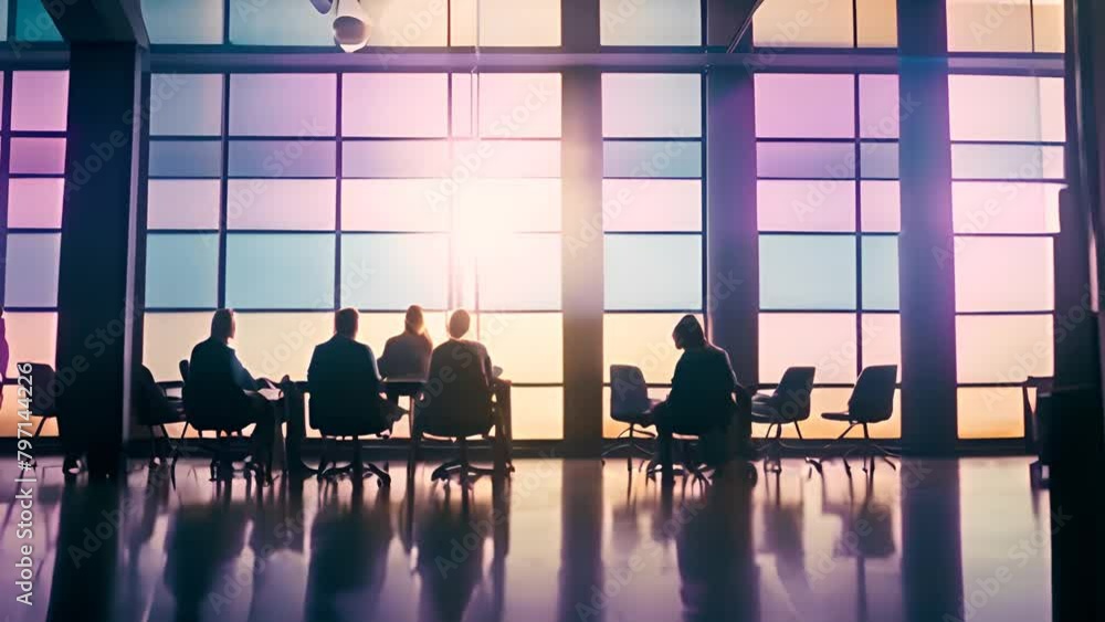 Poster group of people sitting at table by large window generative ai