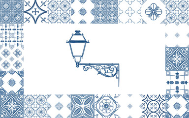 Vintage street lamp side view.In the streets of an old European city in monochromatic colors blue and white.Isolated on white background watercolor illustration.For kitchen textiles,postcards