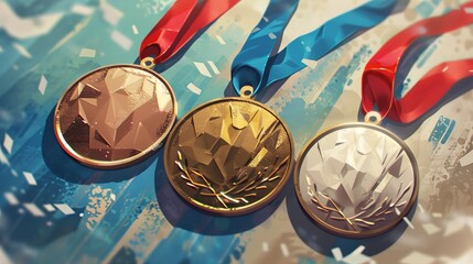 Illustration of Olympic Gold Silver and Bronze Medals. Generative AI. - obrazy, fototapety, plakaty