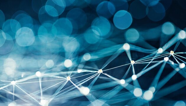 network of interconnected lines and nodes on a blue bokeh background symbolizing connectivity