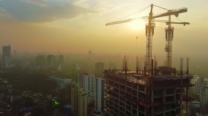 photo of construction site with Tower cranes building skyscrapers at sunset
