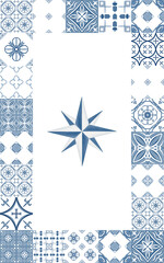 Wind Rose as a symbol of Portugal framed ceramic tiles in monochromatic colors blue and white.Isolated on white background watercolor illustration.For kitchen textiles,tablecloths,posters,postcards