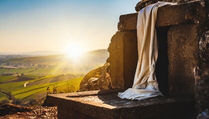 empty tomb with shroud in calvary hill christian easter concept resurrection of jesus christ at morning sunrise church worship salvation concept - Powered by Adobe