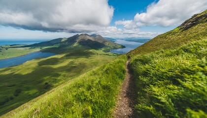 scotland mountain green ranges aerial view path between greenery grassy hills grey clouds wrapped top of mounts in summer day wild untouched nature scenery of island arran footage shot in 2k qhd - Powered by Adobe