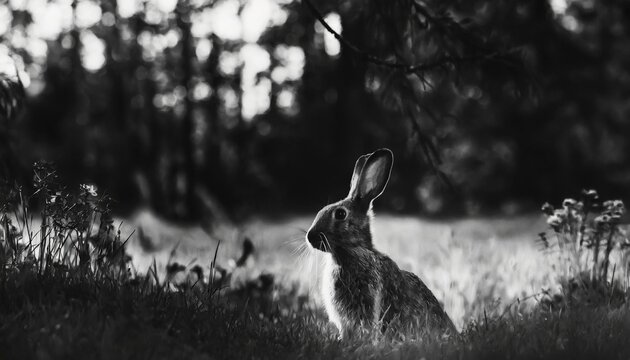 monochrome photo of a rabbit in grassland surrounded by trees
