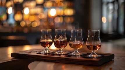 sophisticated whiskey tasting flight featuring a selection of aged spirits, offering a refined sampling experience