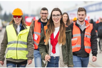 Fototapeta premium Labor day happy workers marching labour public event May 1 celebration banner demonstration worker activist crowd march solidarity union movement work employee equality equity ceremony public teamwork