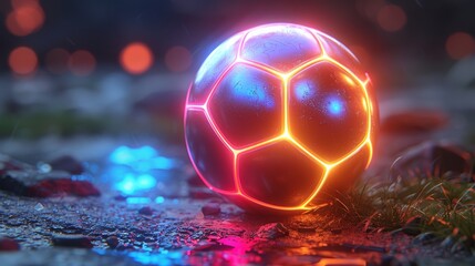 Naklejka premium Futuristic glowing soccer ball at night