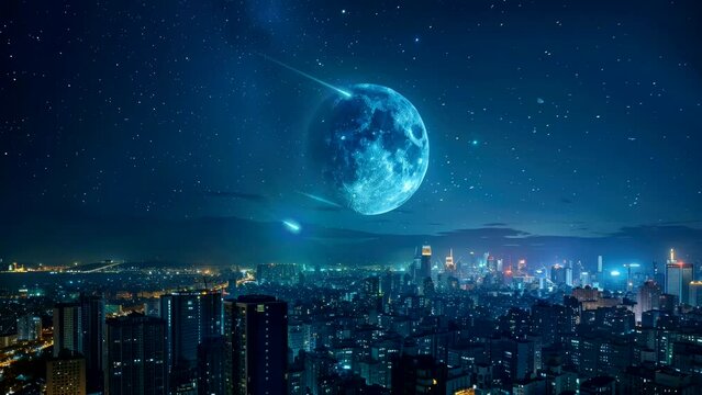 falling stars and full moon above city landscape at night, beautiful view video background looping 4k for live wallpaper