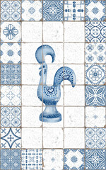 Rooster as a symbol of Portugal framed ceramic tiles with cracked and scuffed seams in monochromatic colors blue and white.Isolated on white background watercolor illustration.For textiles,postcards