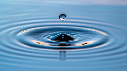 The focal point of this image is a single water droplet suspended in mid-air. The droplet hovers just above the surface of a serene, blue body of water