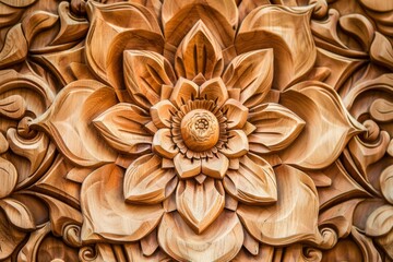 A detailed close-up of a handcrafted wooden lotus flower sculpture with ornate petals.