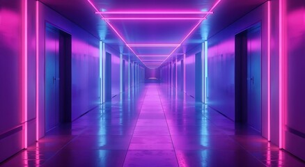 Background 3D render of futuristic tunnel corridor with purple neon light