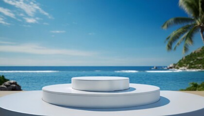 Fototapeta na wymiar 3d luxury white podium with blur ocean and blue sky for your luxury product generative ai