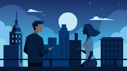 Obraz premium The city skyline serves as the backdrop for two individuals lost in conversation over rooftop tails in the moonlight.. Vector illustration