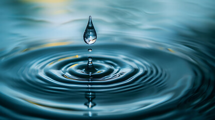 The focal point of this image is a single water droplet suspended in mid-air. The droplet hovers just above the surface of a serene, blue body of water