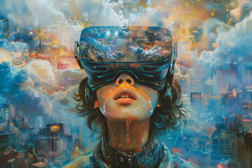 A girl in VR glasses experiencing a surreal blend of cityscape and clouds through virtual reality.