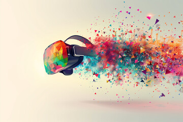 A VR headset disintegrates into a vibrant burst of colorful particles, symbolizing the explosive creativity and boundless possibilities within the realms of virtual reality