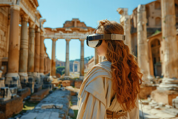 A woman immersed in history, wearing a VR headset amidst the grand ruins of an ancient civilization, bridges the gap between the past and the future of learning and exploration