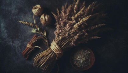 herb bundle composition medicinal herbs tied with twine or ribbon background image generative ai - Powered by Adobe