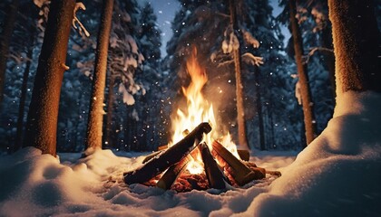 a bonfire in a snowy forest at night winter