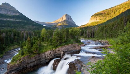 sunset at triple falls in glacier national park montana usa