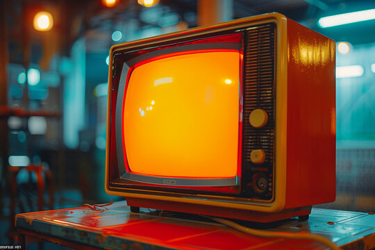 A small orange and yellow television is sitting on a table