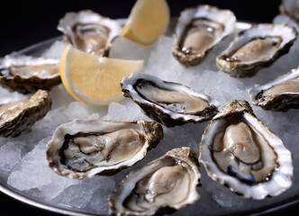 Fresh oysters with ice and lemon on black background, closeup