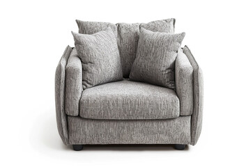 Cozy oversized accent chair with gray fabric and plush cushions isolated on solid white background.