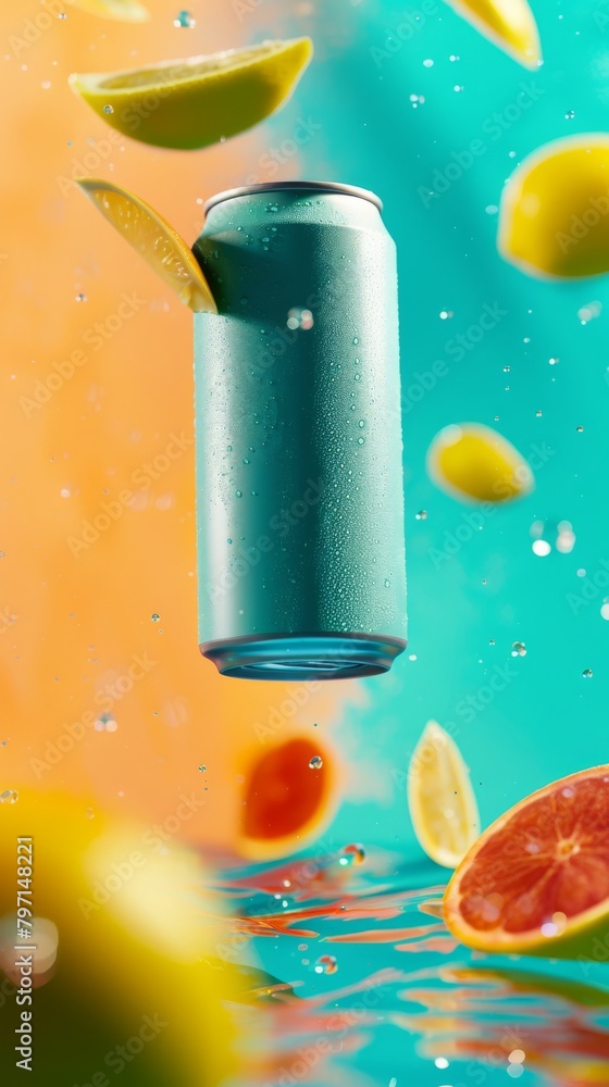 Poster a refreshing beverage concept with a soda can and exploding citrus fruits on a vibrant turquoise and
