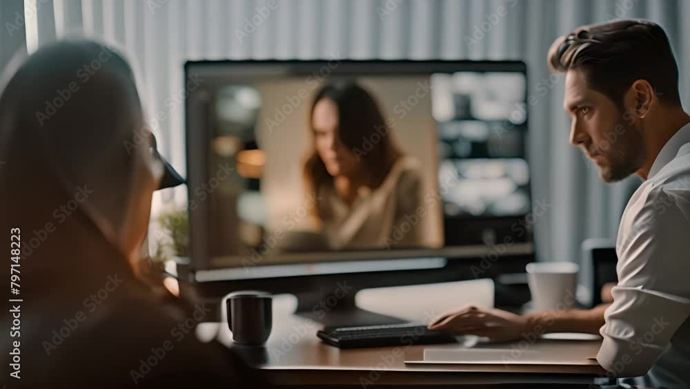 Poster man working at desk with computer screen generative ai