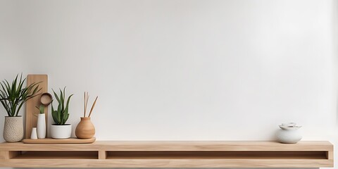  Wooden shelf and accessories décor in living room interior on empty tiles white wall background 