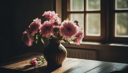 realistic photo beautiful pink flowers in a vase on a wooden table with a window in the background generative ai