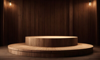 WOOD SHOWCASE PODIUM FOR PRODUCT PRESENTATION AT WOODEN BACKGROUND