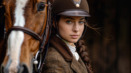 Confident Equestrian Beauty, Thoughtful Rider with Chestnut Horse
